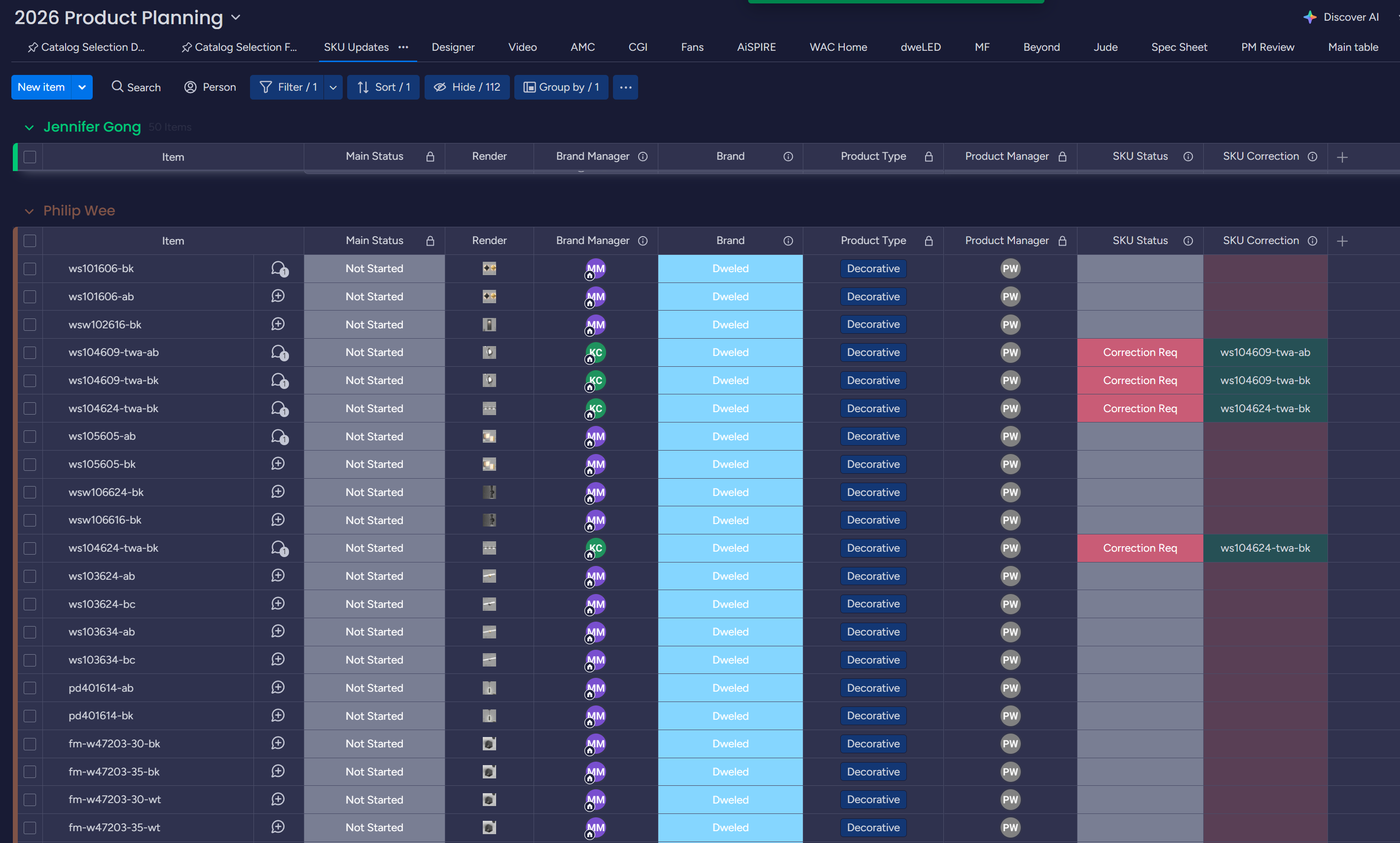 SKU Updates filtered view on the Product Planning board