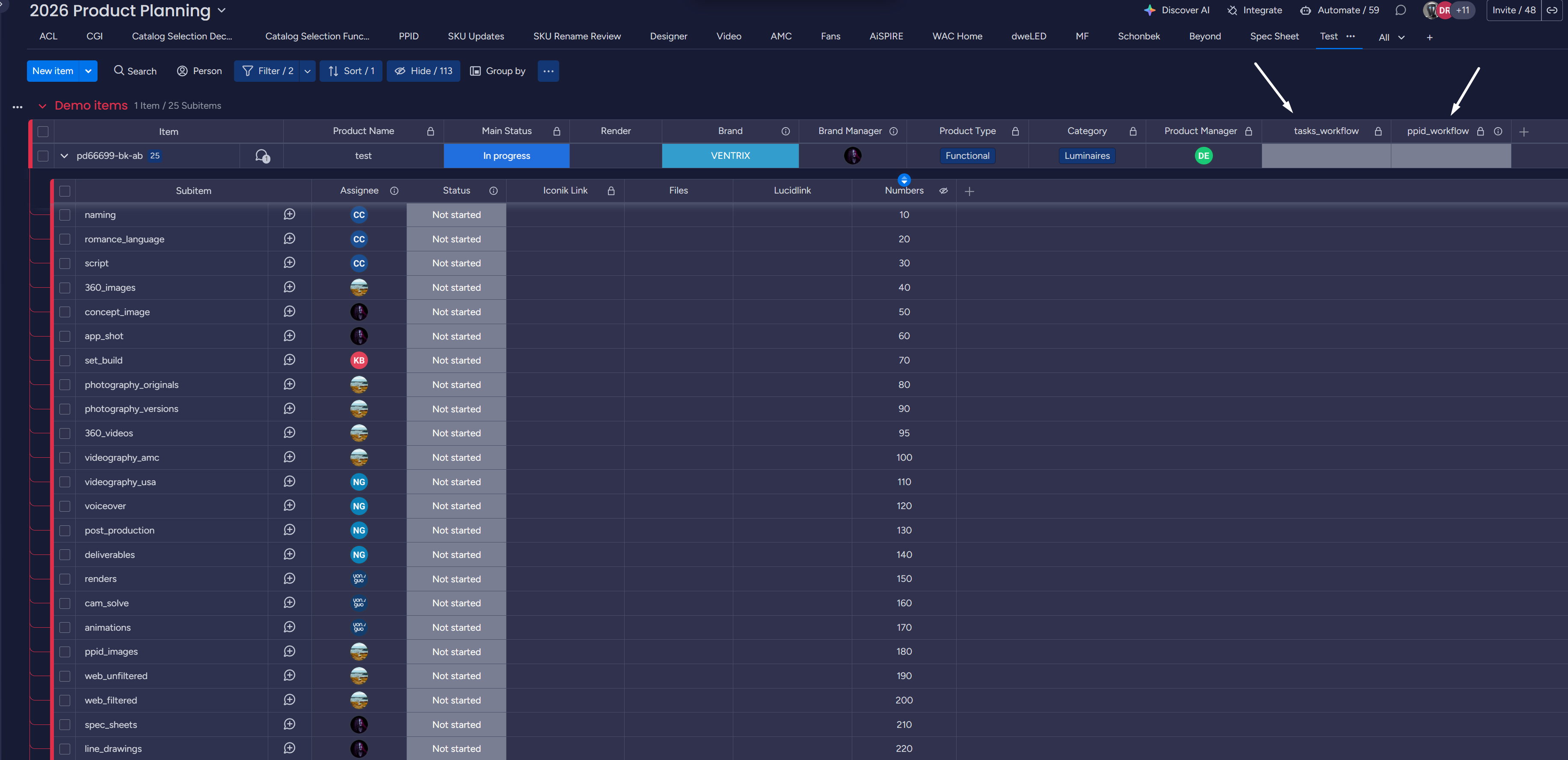 Workflow trigger columns on the Product Planning board