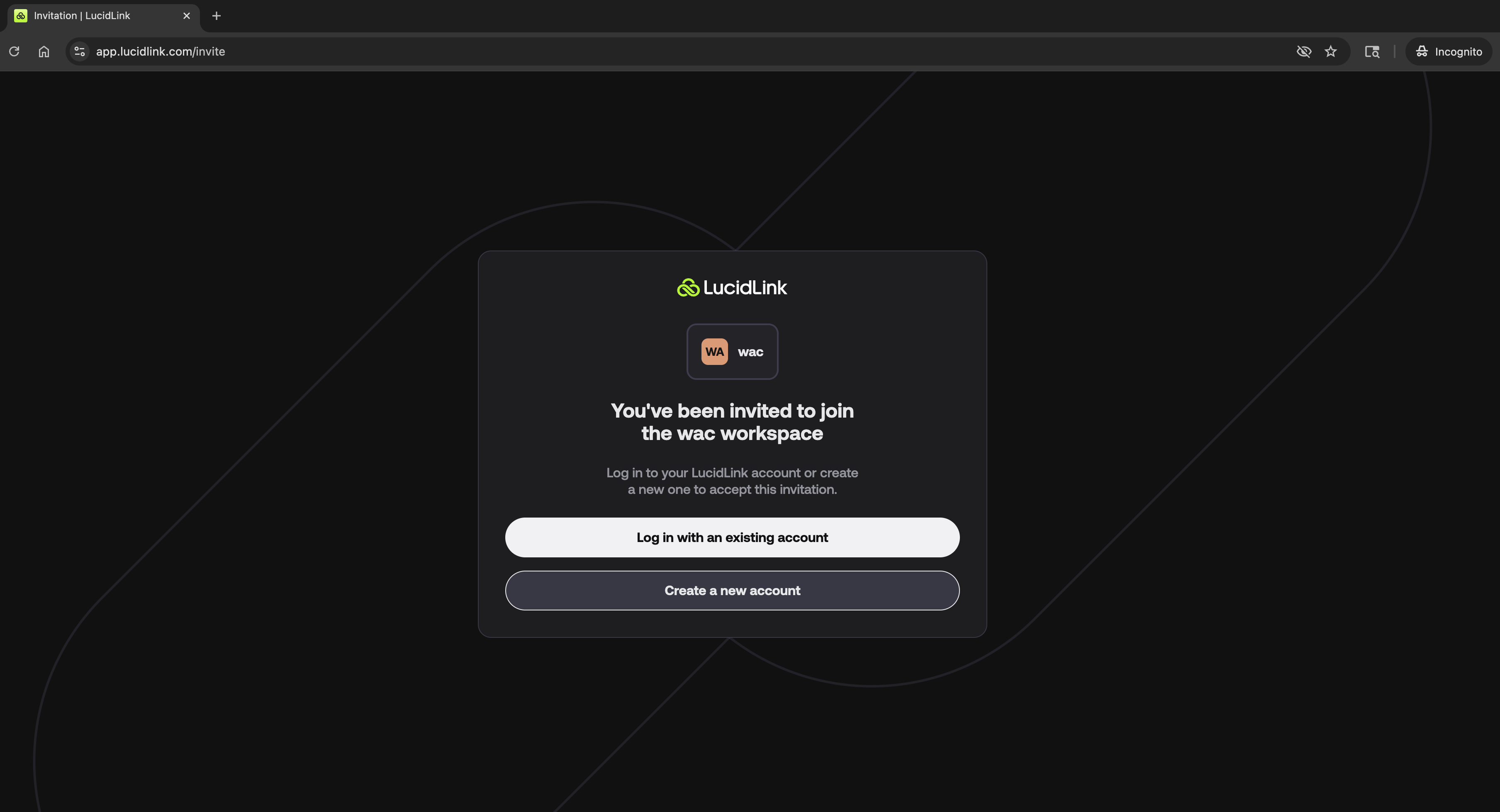 LucidLink invitation screen