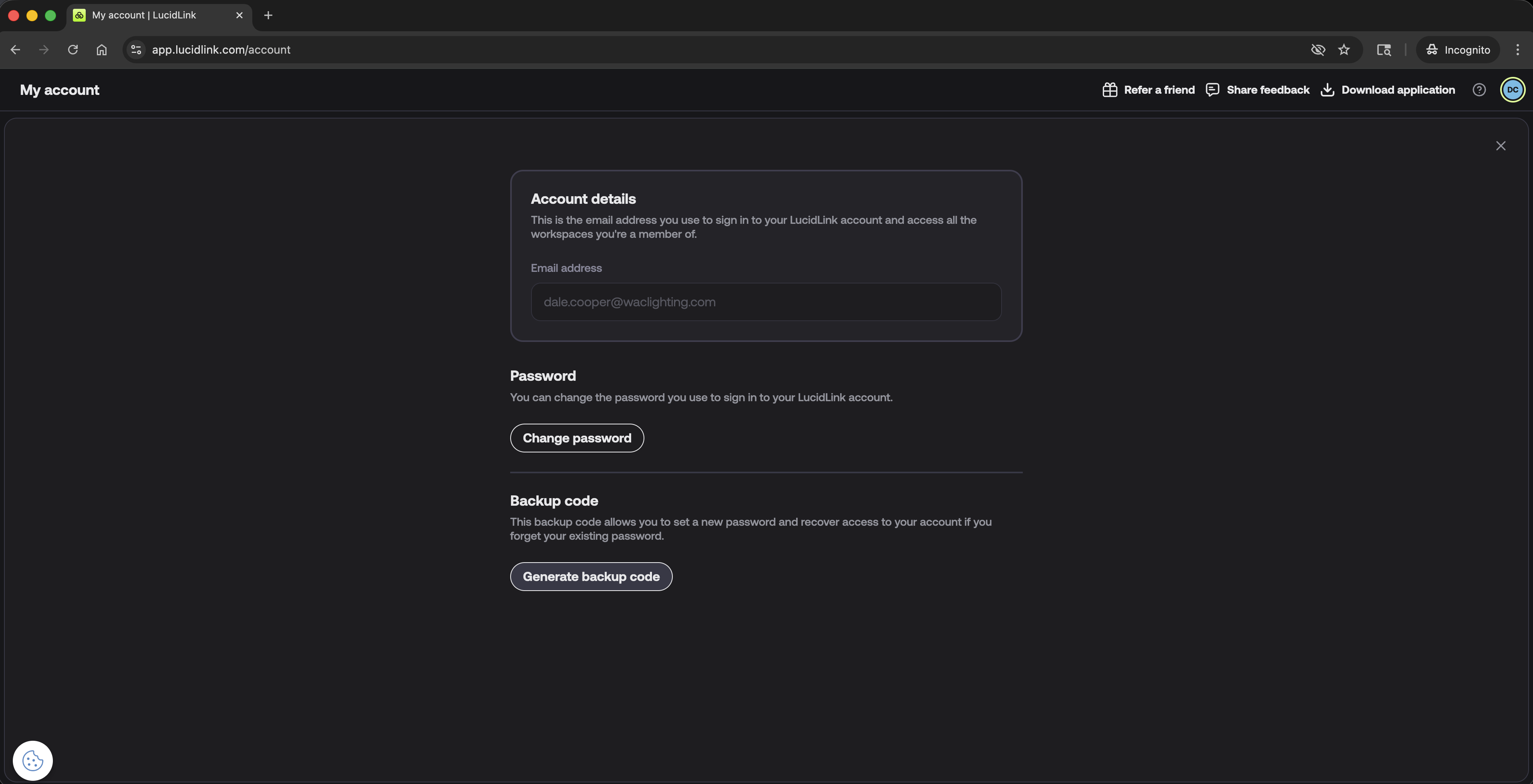 Generate backup code screen