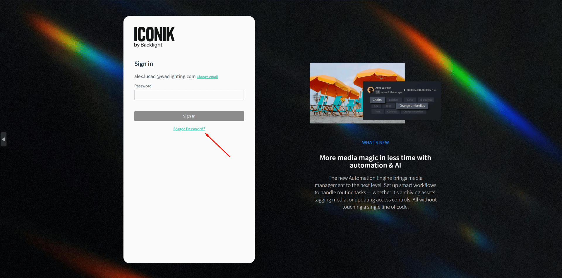 Iconik forgot password screen
