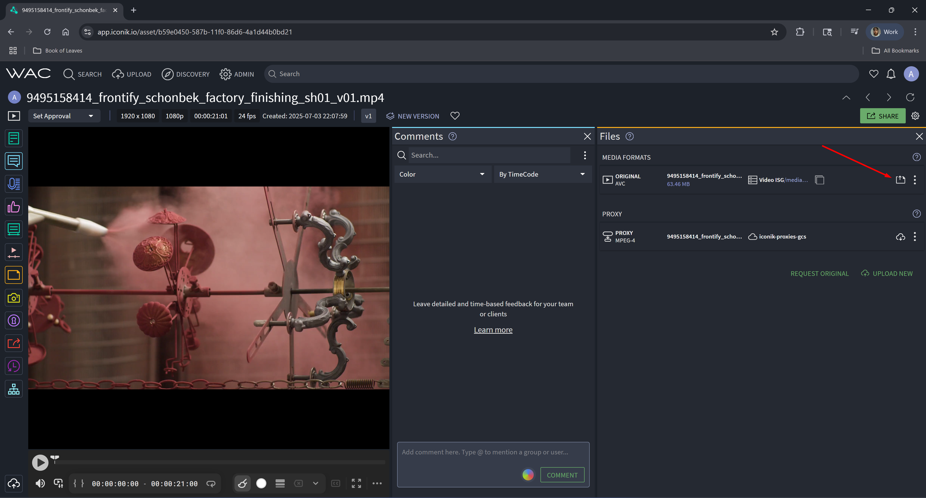 Iconik agent - open asset, click up-arrow icon
