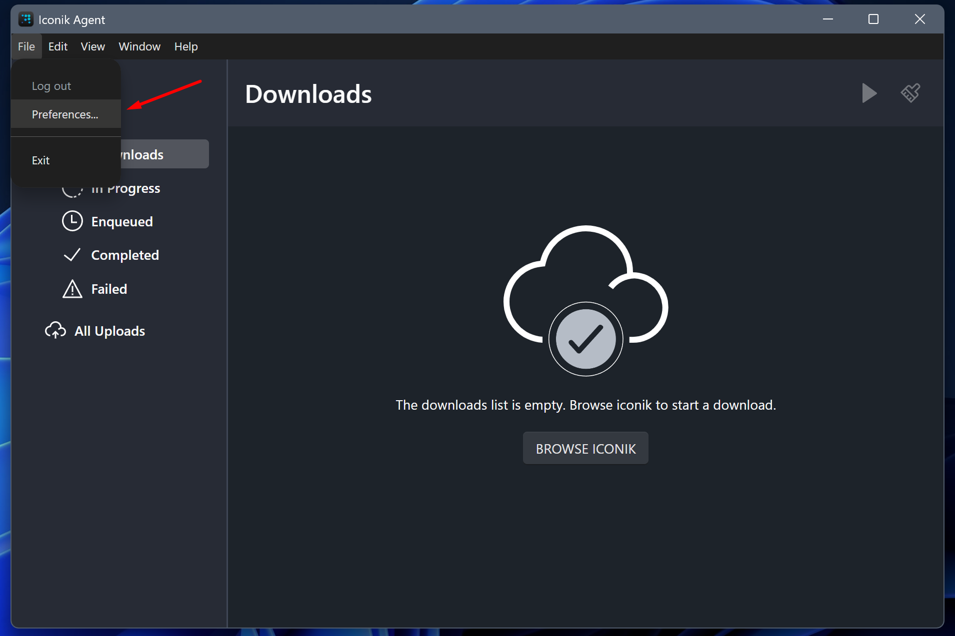 Iconik agent - File menu Preferences