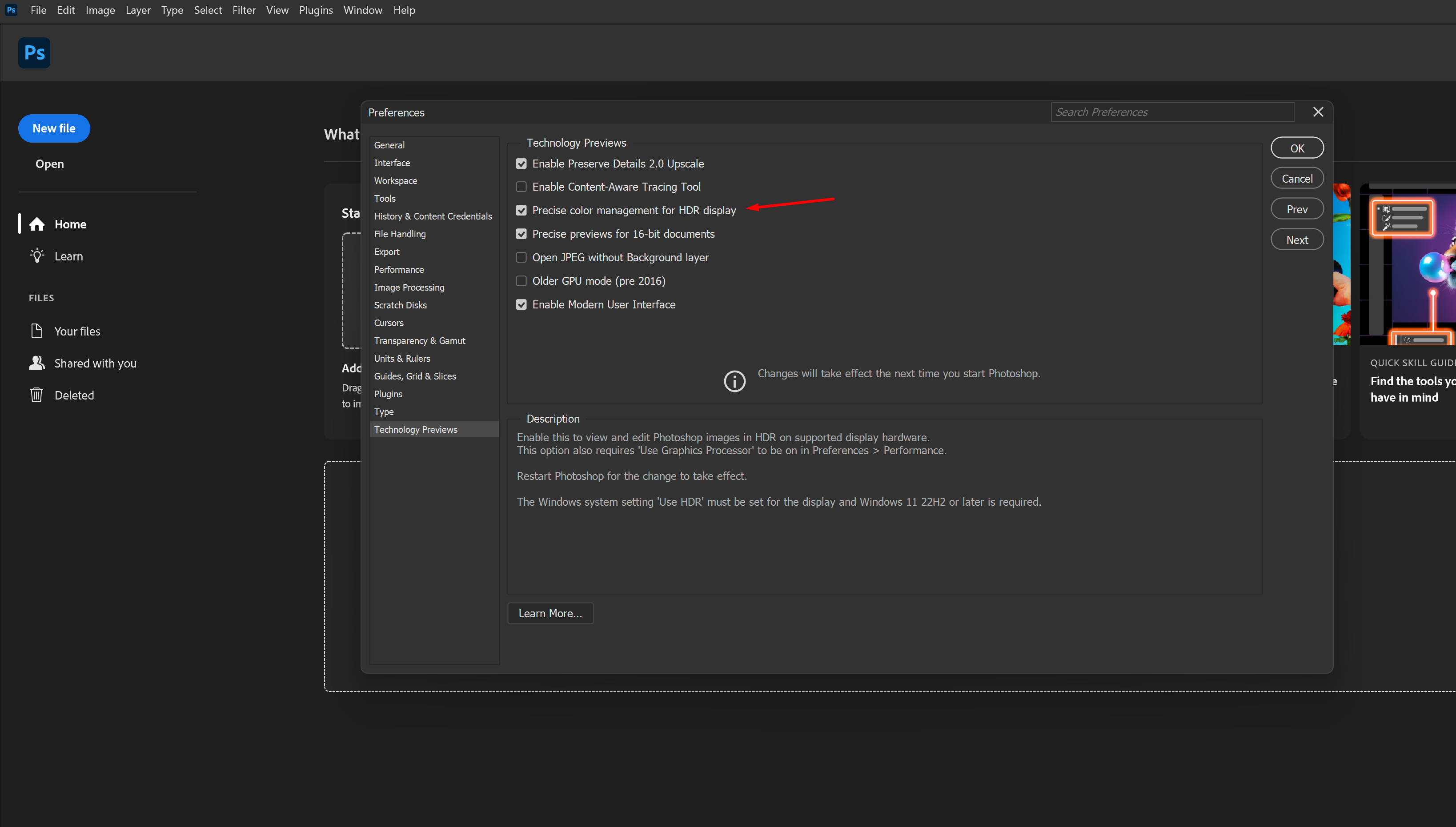 Photoshop Technology Previews preferences (HDR)