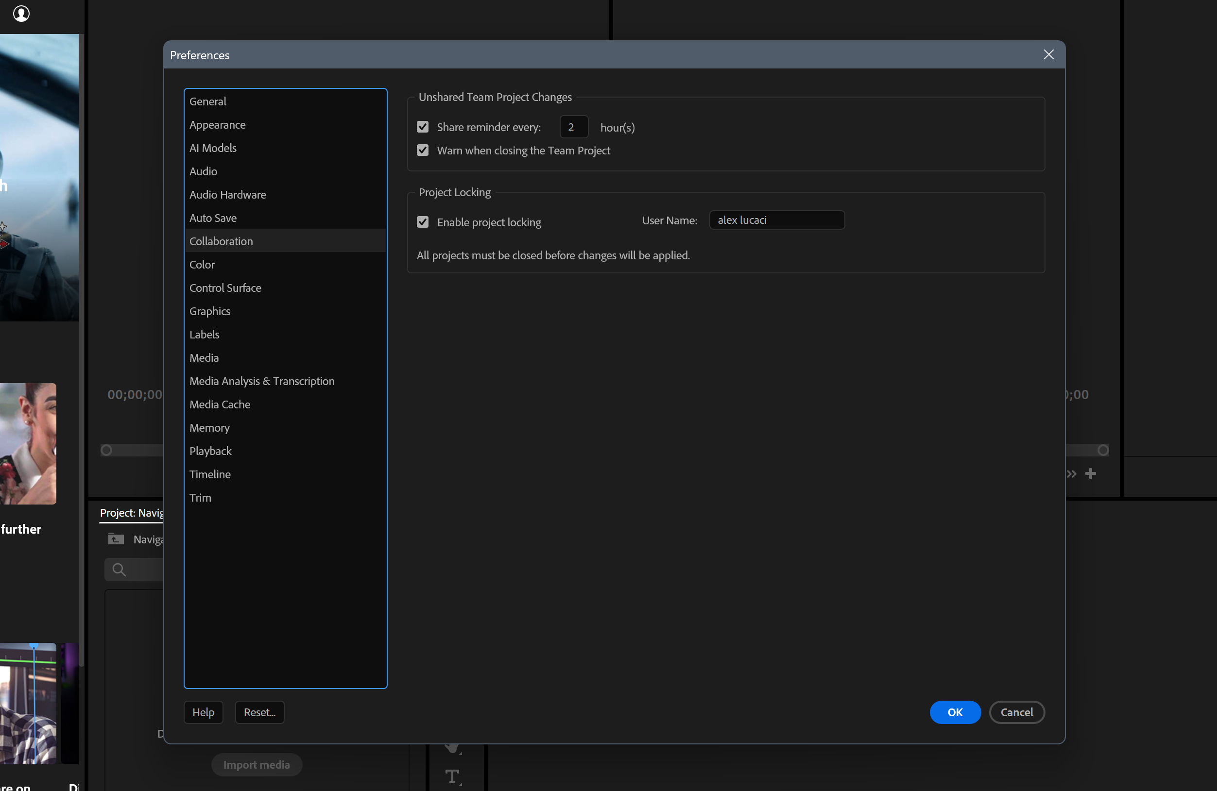 Collaboration settings preferences in Premiere Pro