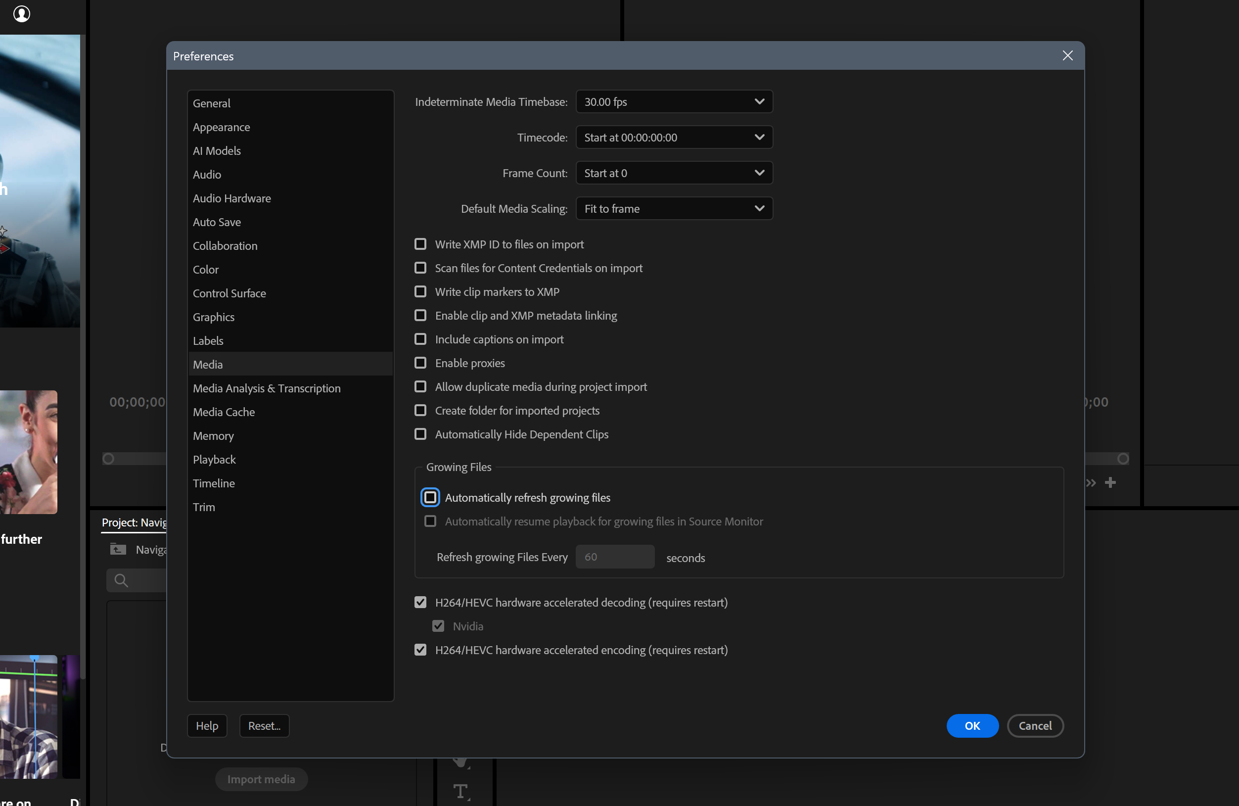 Media settings preferences in Premiere Pro