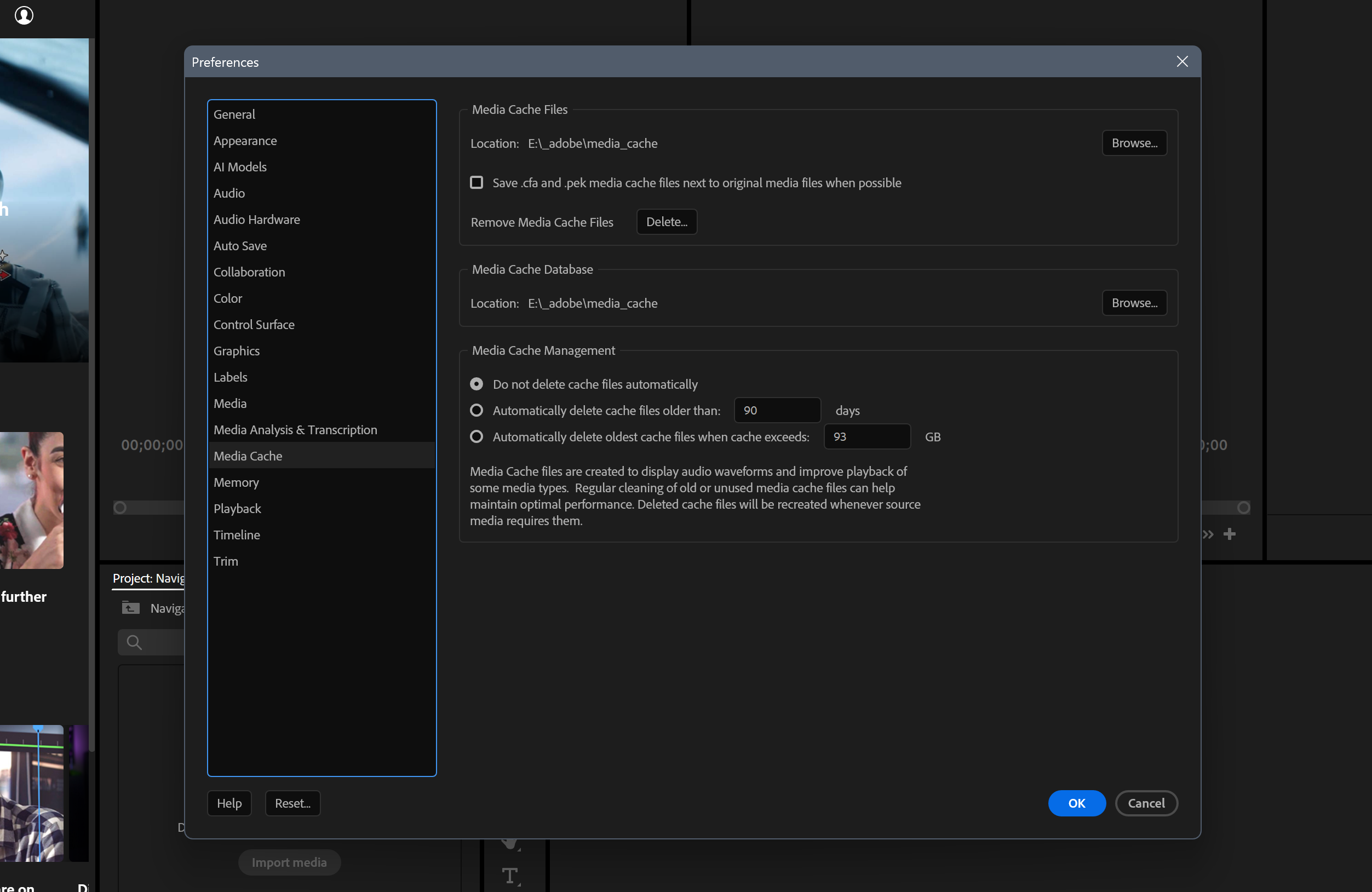 Media Cache settings preferences in Premiere Pro
