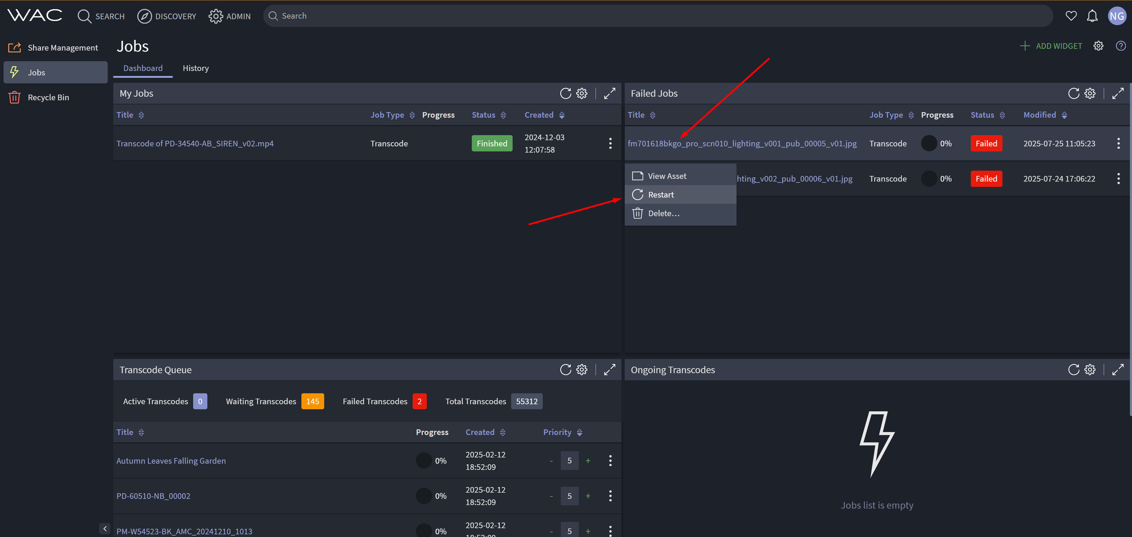 Iconik Admin panel with Failed Jobs on the right